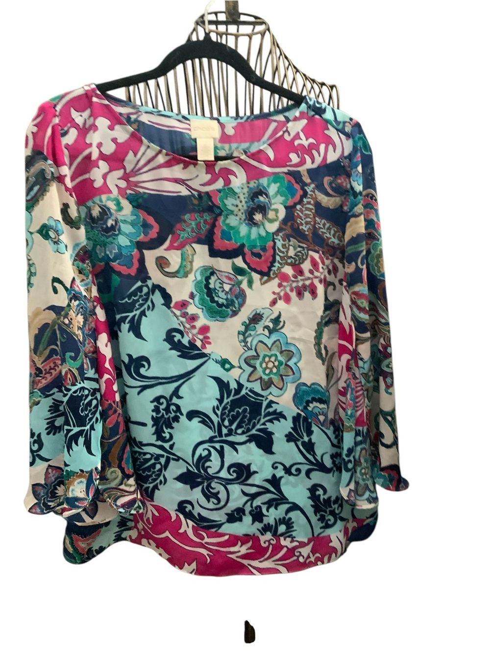 Y2K Chico's Teal, Pink & Navy Floral Patchwork Bell Sleeve Blouse SZ 2/L